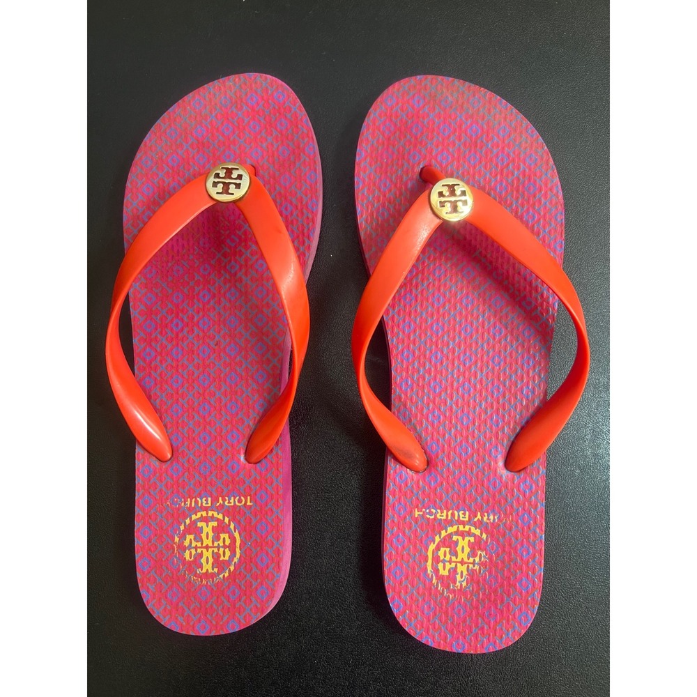 Tory Burch Pink Orange Logo Flip Flop Sandals Gold Medallion Womens, 7